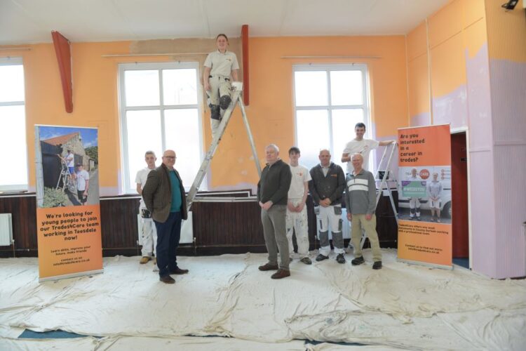 HARD AT WORK: Matthew Walker, Cllr Robert Potts, Cameron Southworth, TAP chairman Cllr James Cosslett, Thomas Wright-Pickles, Charlie Wright, St Paul’s Church supporter Brian Carter and Michael Rammage