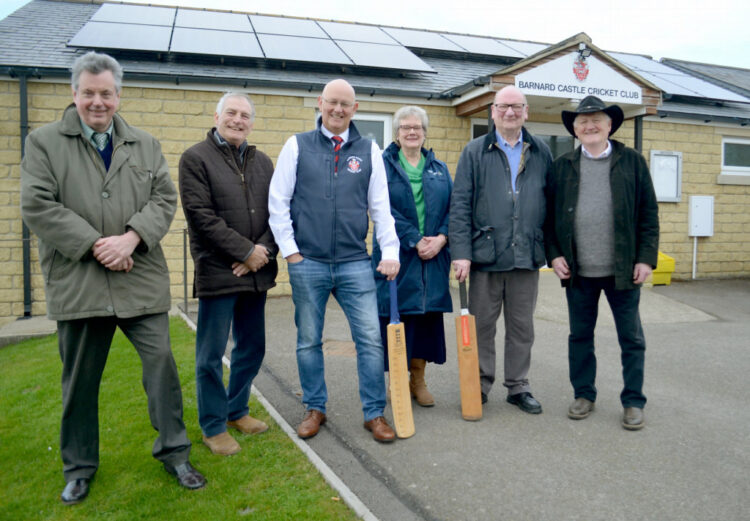 FUTURE ENERGY: Barnard Castle Cricket Club shows off its new solar panels. From left, Cllr Richard Bell, Cllr James Rowlandson, Dave Sparrow, chairman of Barnard Castle Cricket Club, Anita Bainbridge, director of Teesdale Renewables, Cllr Ted Henderson and Cllr George Richardson