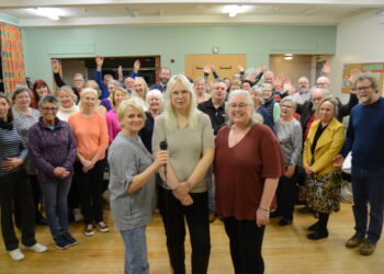 SINGING SUPPORT: Affinity Community Rock Choir leader Jane O’Byrne-West and Claire Jefferies, with Hilary Rabbett, are ready to sing up a storm to raise money to help George
